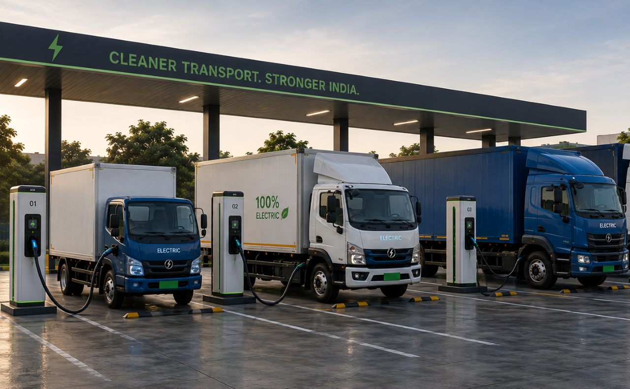 Row of electric Mahindra Rhino trucks